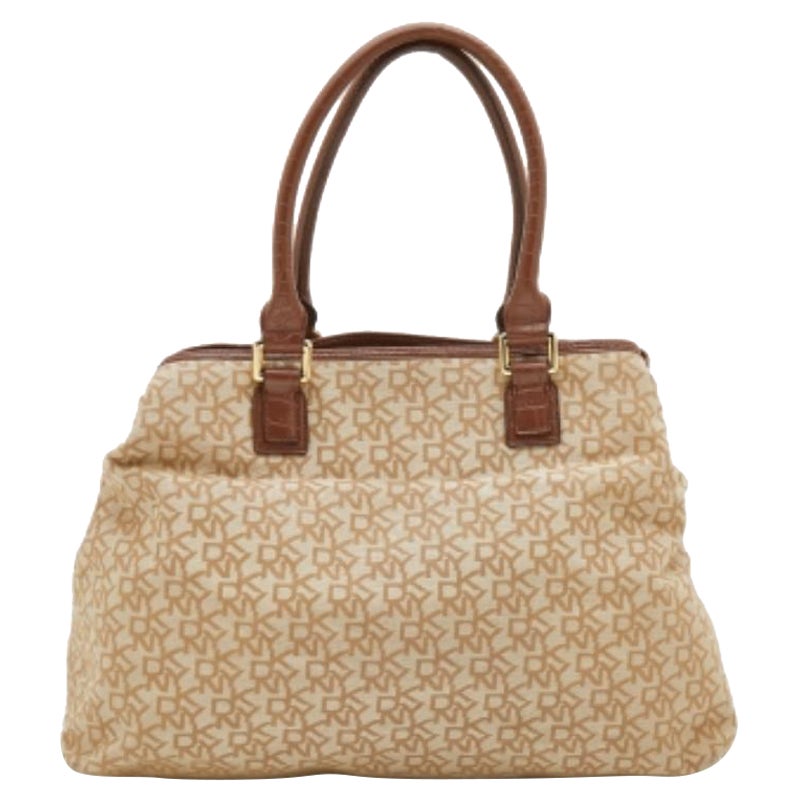 DKNY Beige/Brown Monogram Canvas and Croc Embossed Leather Turnlock Pocket Bag