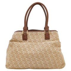 DKNY Beige/Brown Monogram Canvas and Croc Embossed Leather Turnlock Pocket Bag