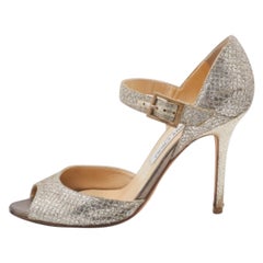 Jimmy Choo Gold Coarse Glitter Peep Toe Ankle Strap Sandals Size 38.5