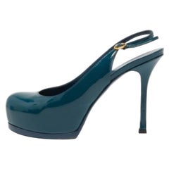 Saint Laurent Teal Patent Leather Tribtoo Slingback Pumps Size 36