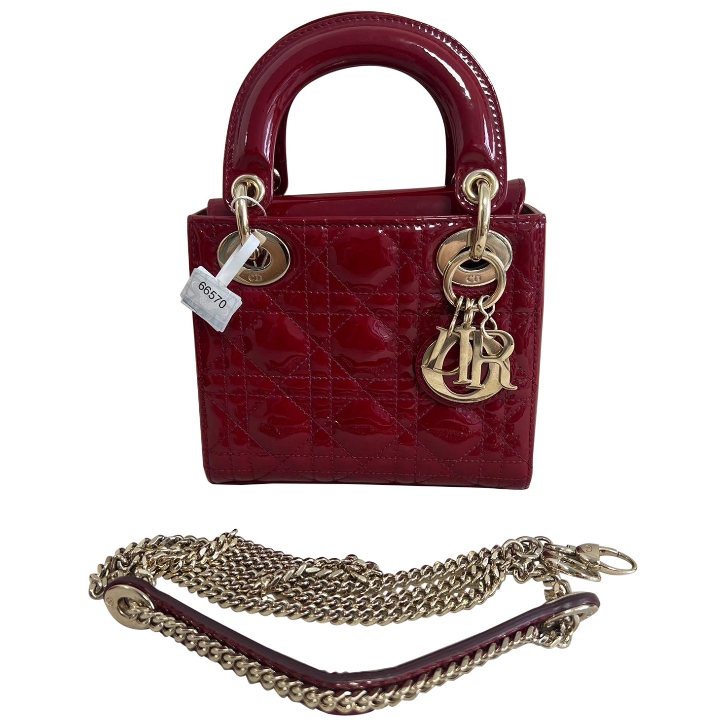 Lady Dior Minibolso Borgoña Rojo Charol Correa de cadena dorada 2020 en venta