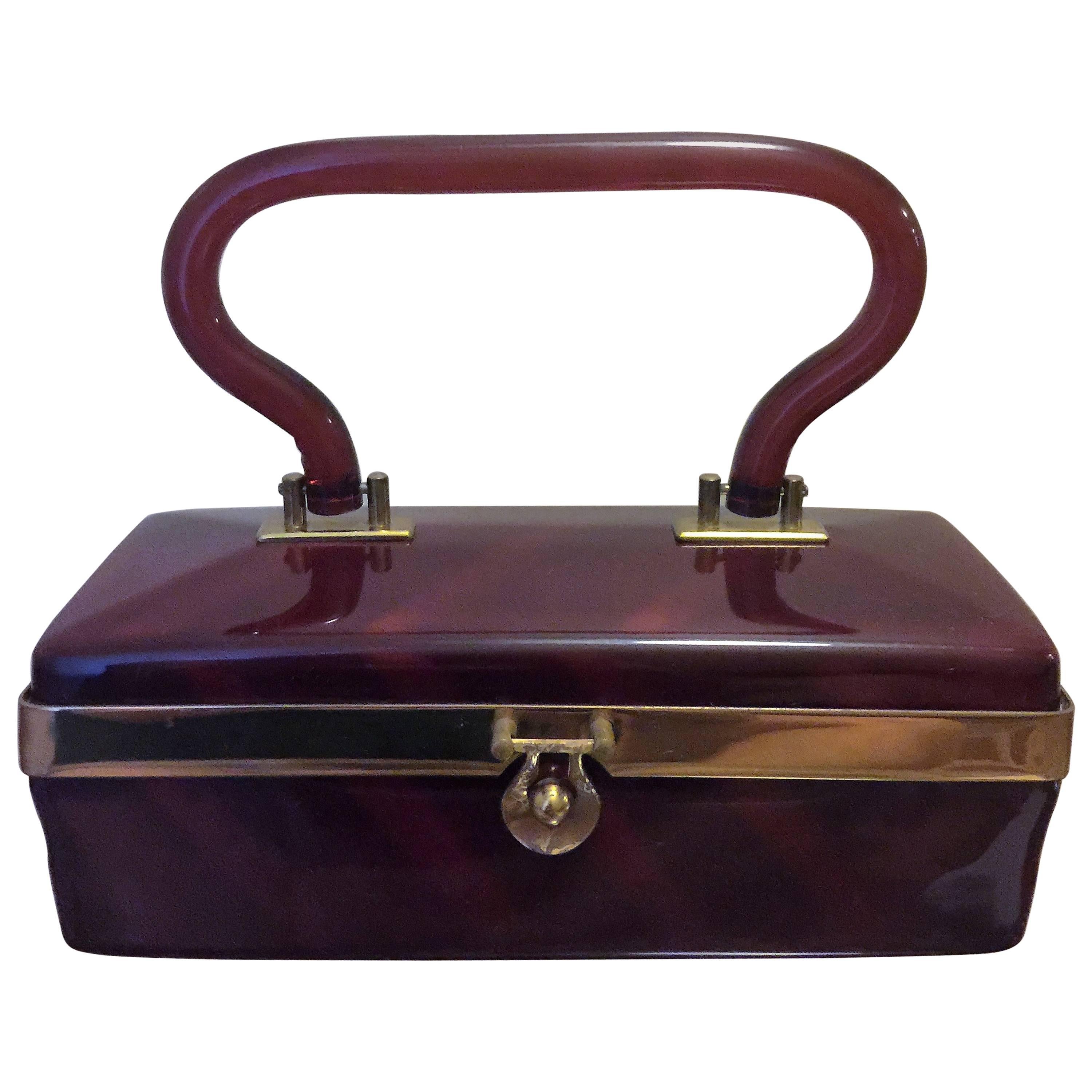 Deep Caramel Goldtone Trimmed Lucite Handbag by Dorset-Rex For Sale