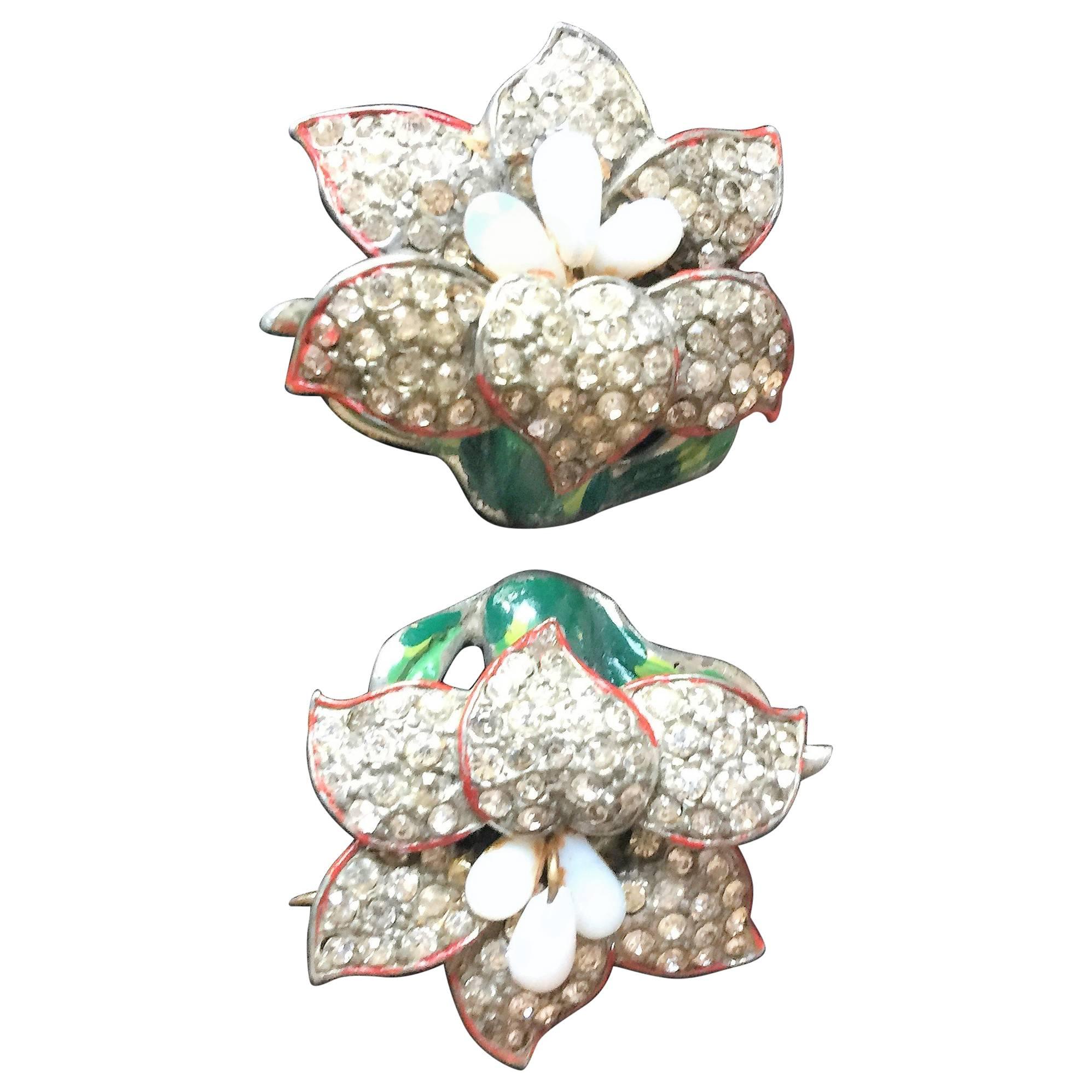 Beautiful Pair of Art Deco Enamel Rhinestone Flower Pins by CoroCraft For Sale