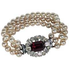 French Faux Pearl and Ruby Clasp Bracelet