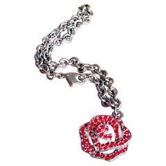 Swarovski Vintage Vivid Rose Ruby Crystals Pendant Charm Chain Silver Bracelet