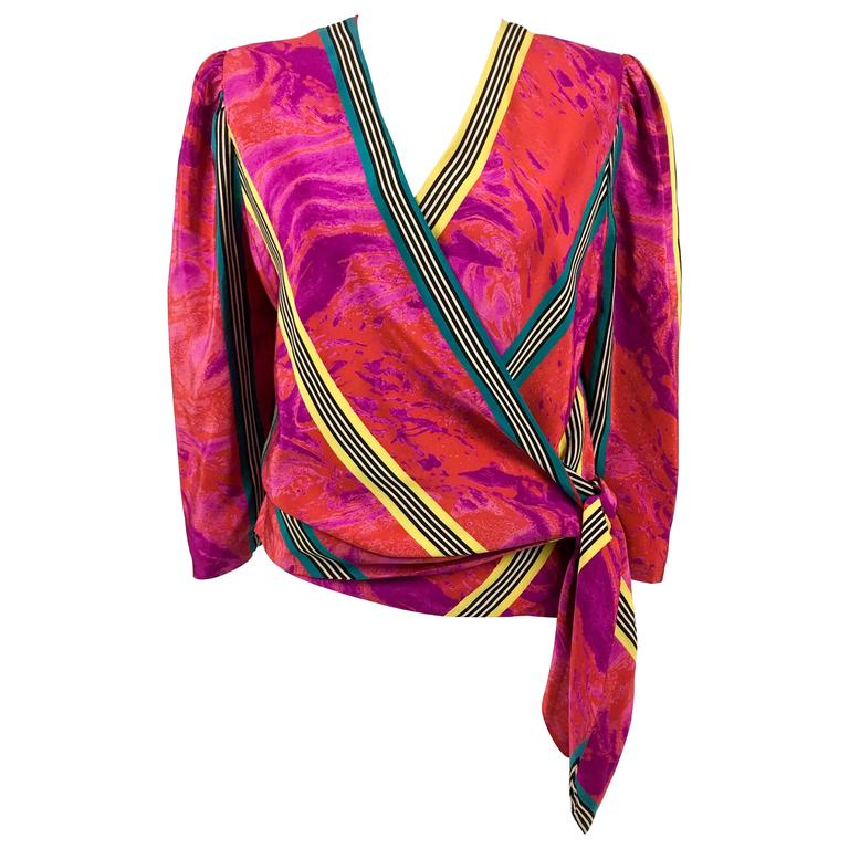 1980s Lanvin Vibrant Abstract Printed Silk Wrap Blouse at 1stDibs