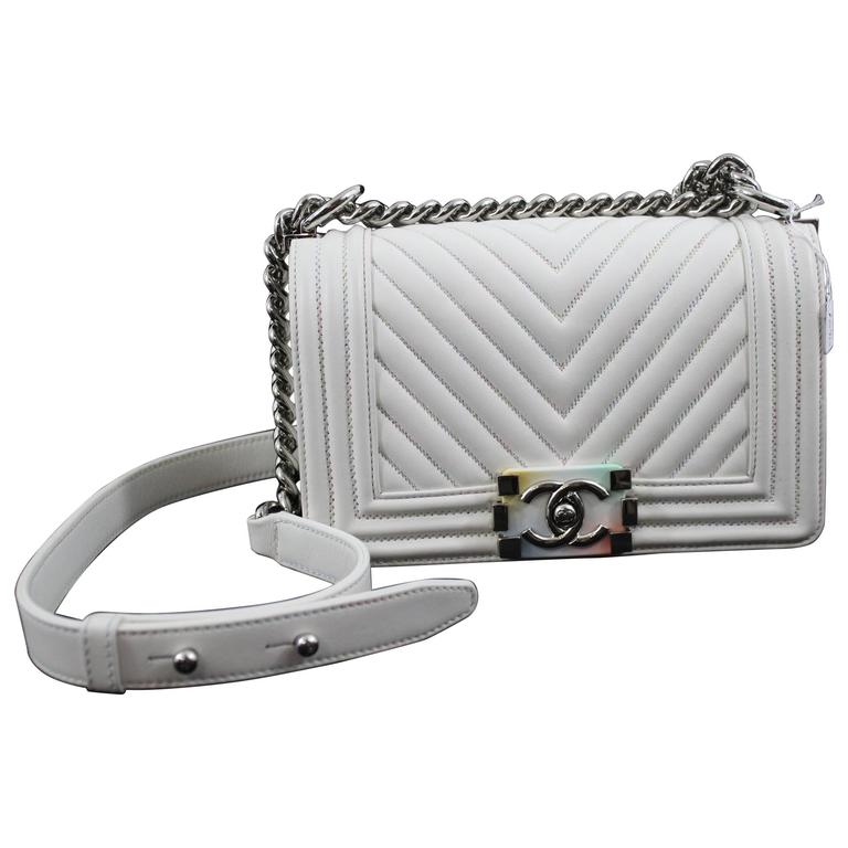 Chanel Spring 2017 Mini Boy Bag In White Leather Rainbow Clasp At Chanel Spring 2017 Mini Boy Bag In White Leather Rainbow Clasp For