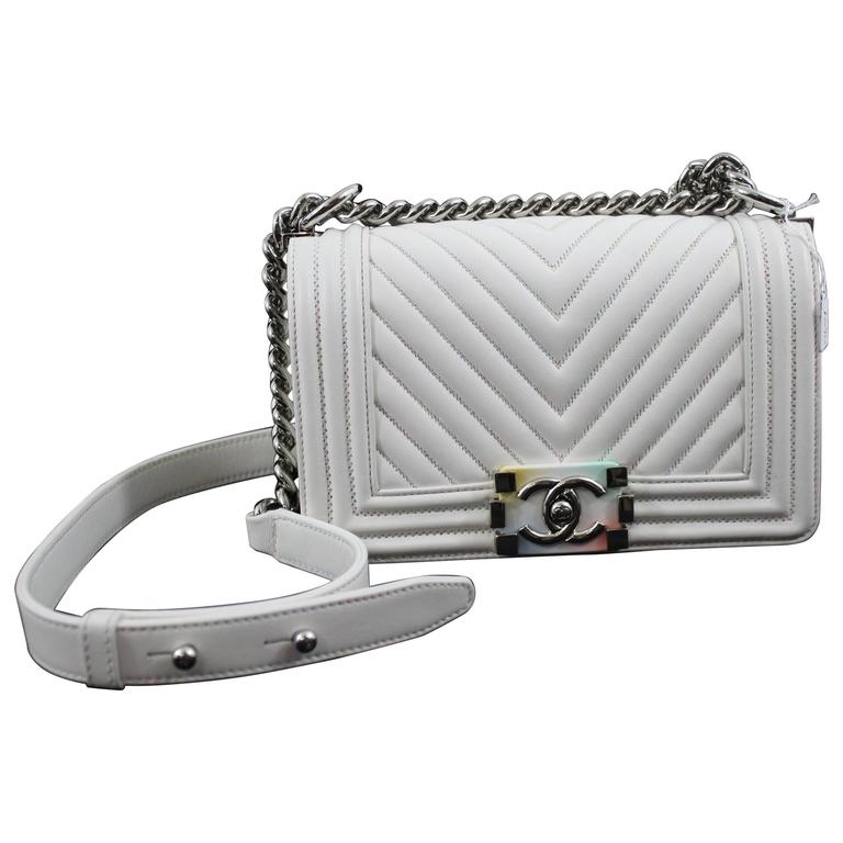 Chanel Spring 2017 Mini Boy Bag in White Leather Rainbow Clasp at 1stdibs