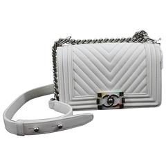 Chanel Spring 2017 Mini Boy Bag in White Leather Rainbow Clasp