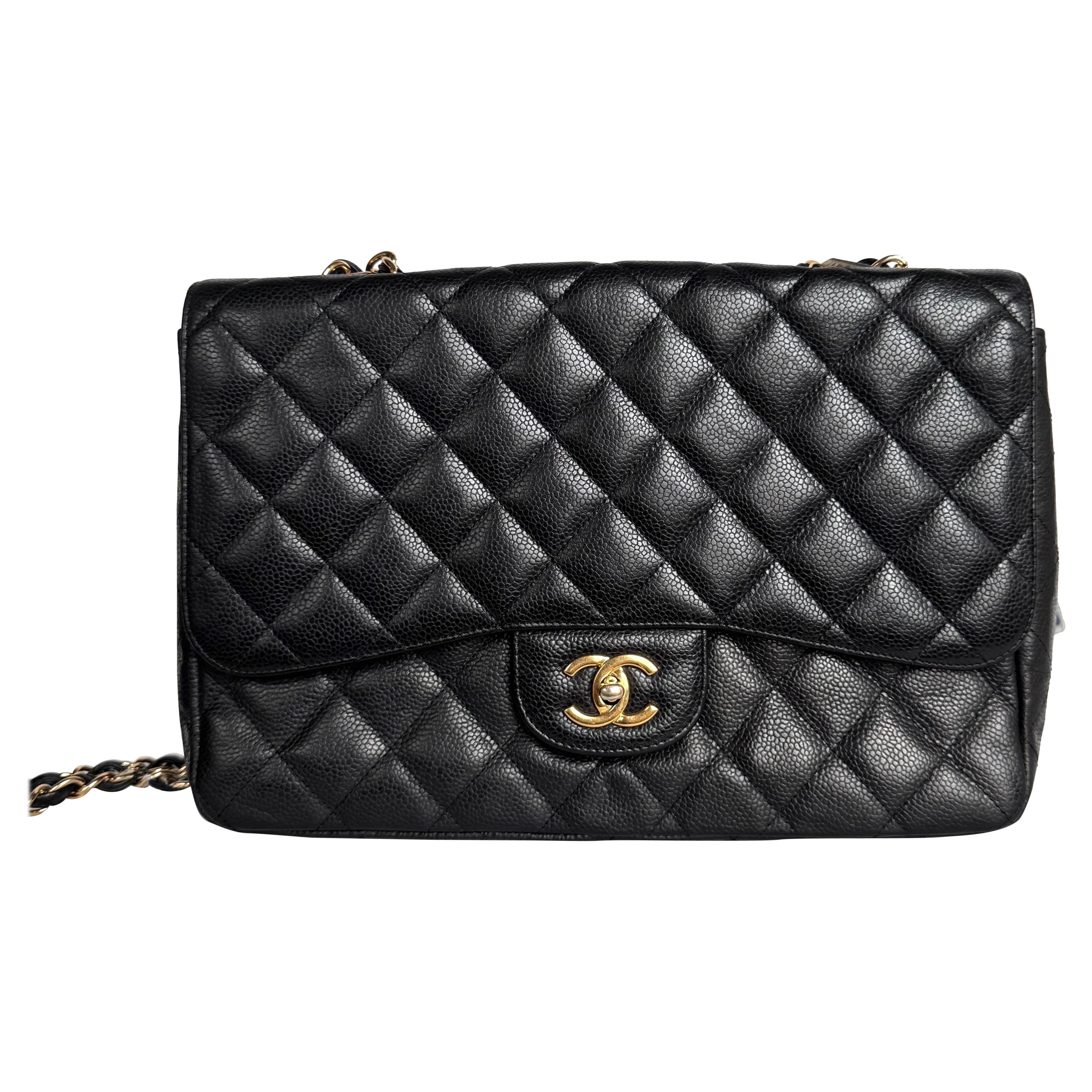 Chanel Classic Flap Jumbo Black Caviar Leather Single Flap Gold Hardware 2009 For Sale