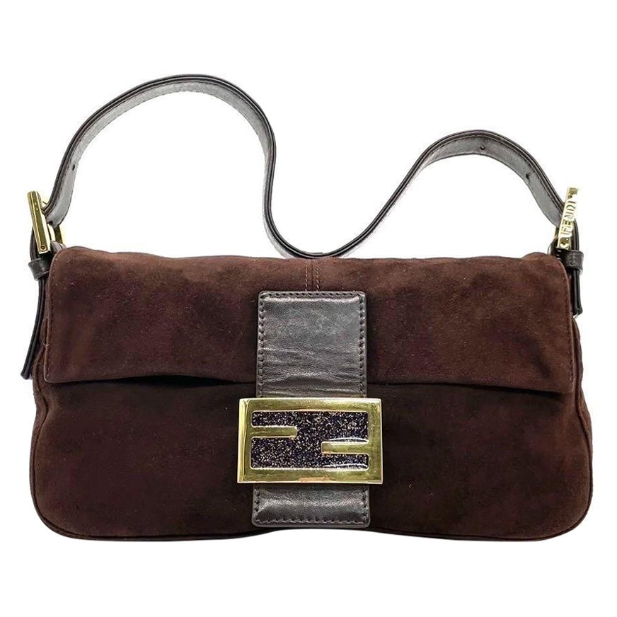 Fendi Baguette Dark Chocoalte Brown Suede Leather Shoulder Bag For Sale