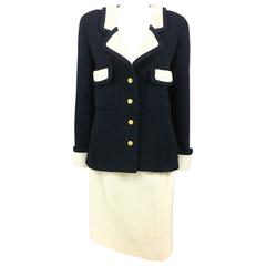 Vintage Chanel Nautical Inspired Navy and White Wool Skirt Suit, Circa 1982