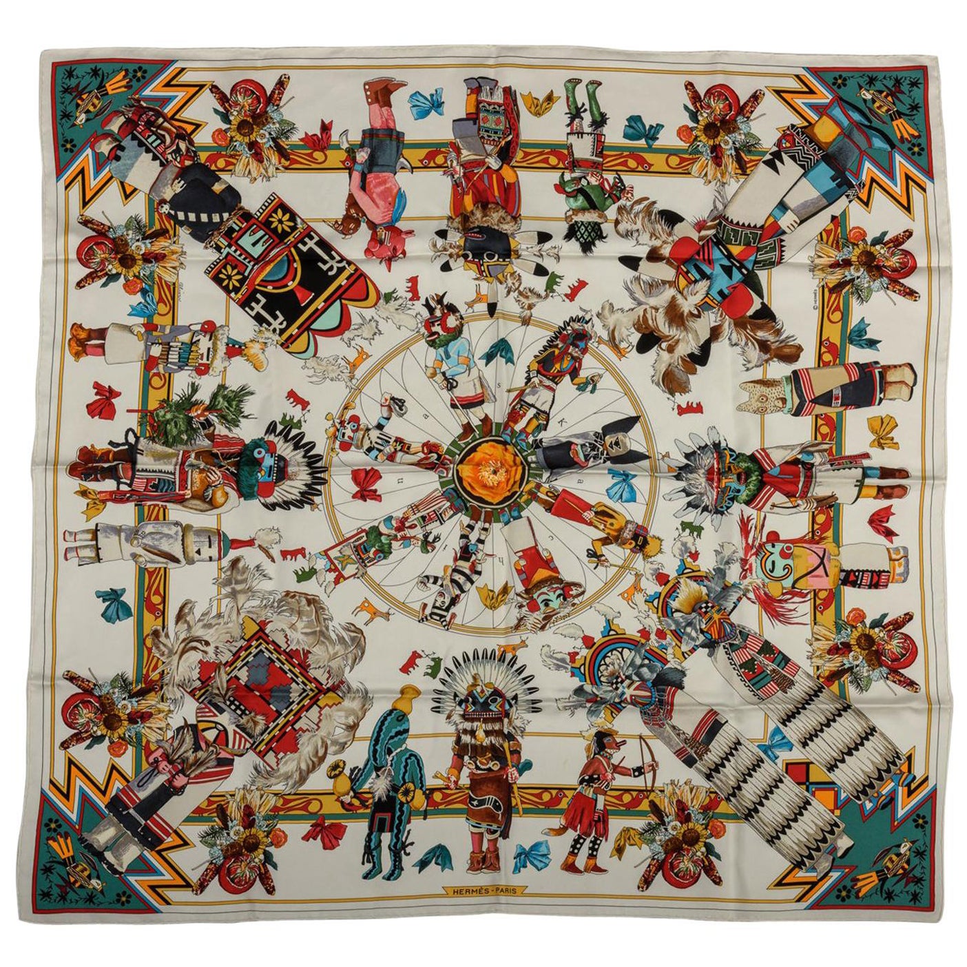 Hermes Kachinas White Silk Scarf by Kermit Oliver For Sale