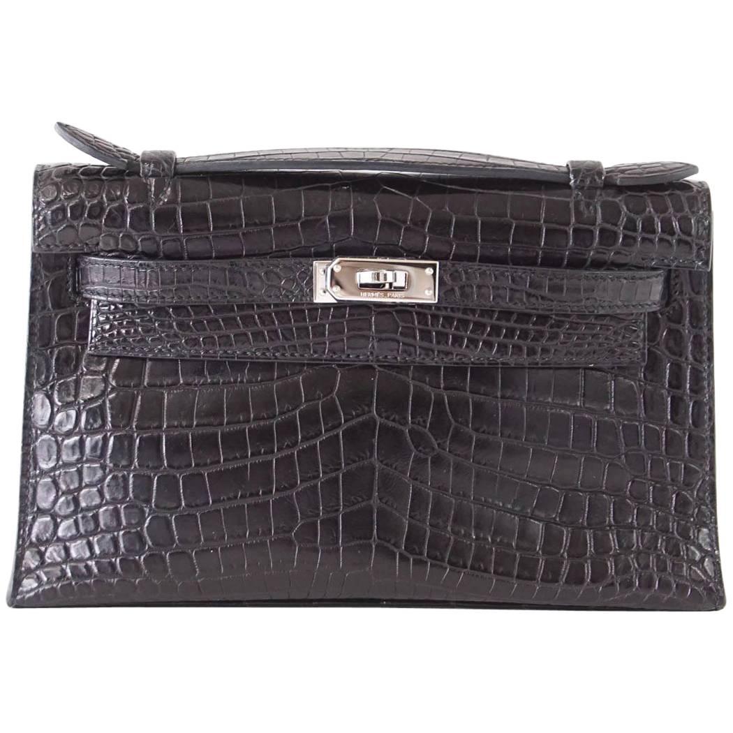 Hermes Kelly Pochette Clutch Bag Matte Black Crocodile Palladium