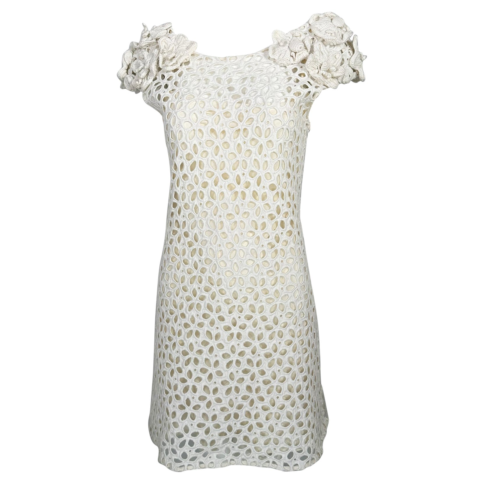Prada White Cotton Eyelet Mini Dress with Irish Crochet Cap Shoulders For Sale