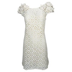 Prada White Cotton Eyelet Mini Dress with Irish Crochet Cap Shoulders