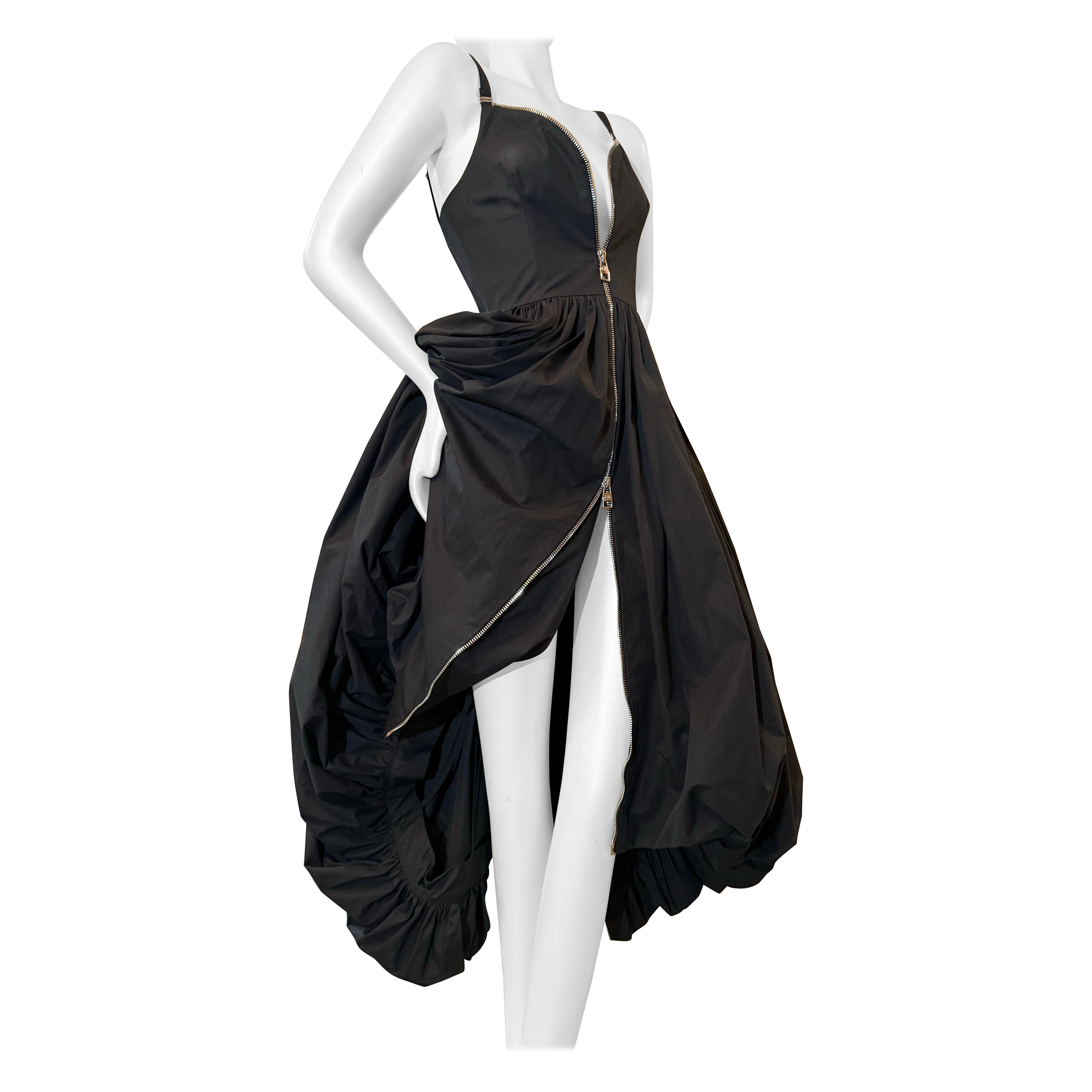 Alexander McQueen Black Cotton Full Skirt Bubble Hem Dress w Full Length Zipper For Sale