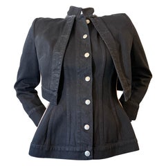 Alexander McQueen Black Denim Jacket w Integral Overlay and Stripes at Sides