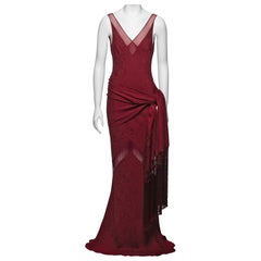 John Galliano Burgundy Bias Cut Damask Dress & Shawl with Fringe, SS 1999
