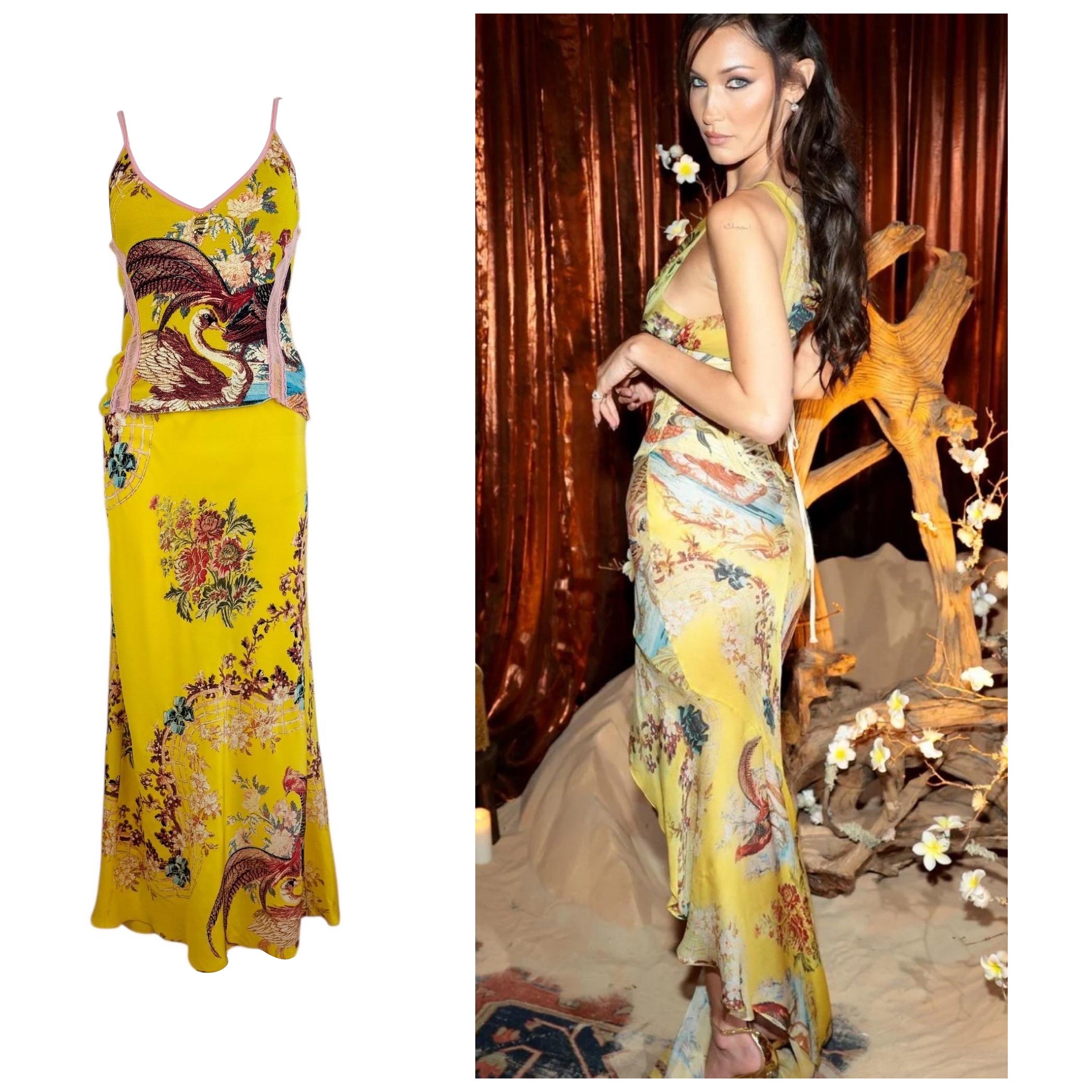 Conjunto de falda de seda con estampado floral de faisán Vintage S/S 2003 Y2K Roberto Cavalli en venta