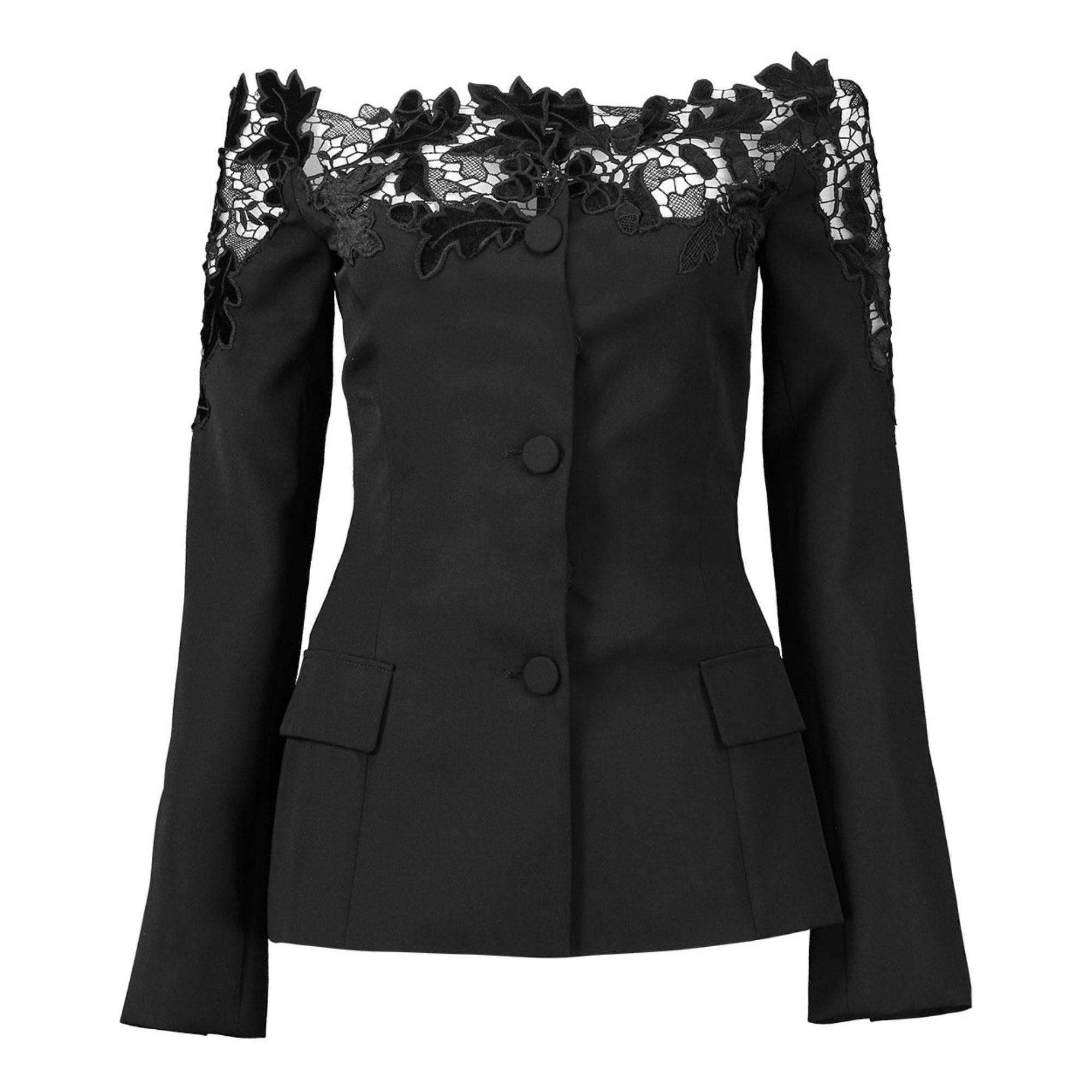 Oscar de la Renta Off-Shoulder Velvet Guipure Lace Blazer Size US 10 For Sale