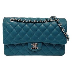 Chanel Classic Flap Medium Teal Green Caviar Leather with Silver Hardware