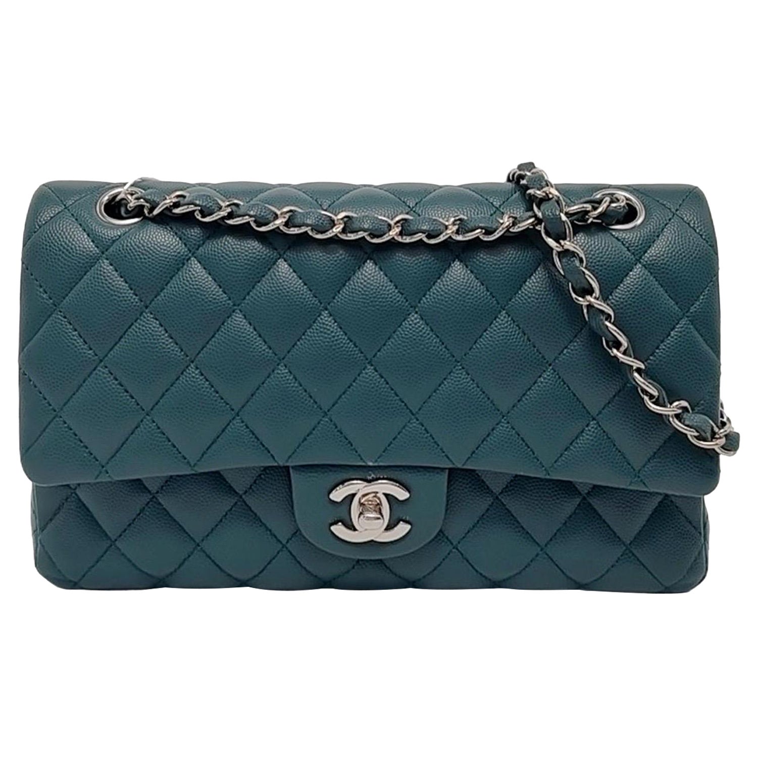 Chanel Classic Flap Medium Teal Green Caviar Leather with Silver Hardware
