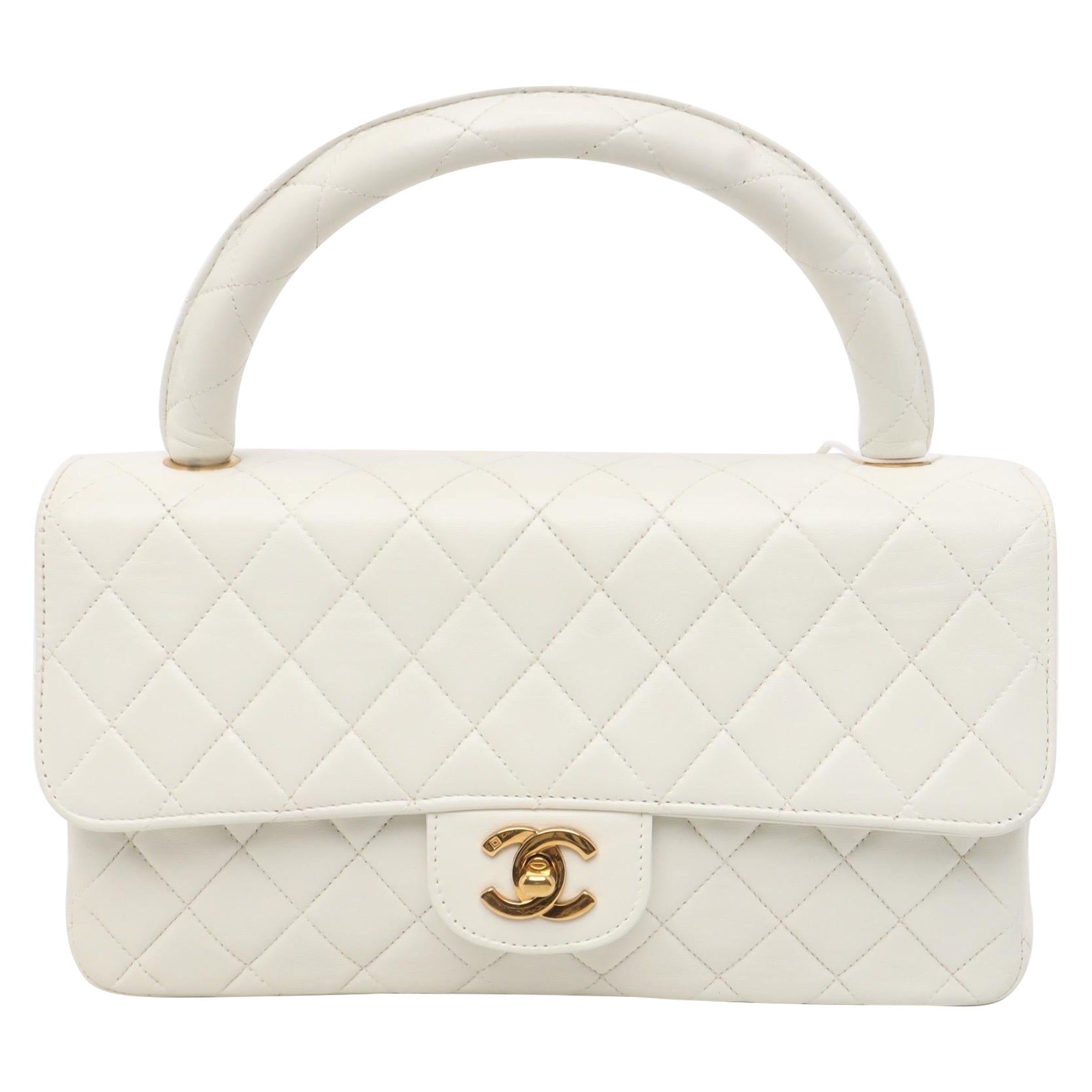Chanel Kelly Parent Top Handle Flap Bag Medium White Lambskin Leather Gold Hardw For Sale