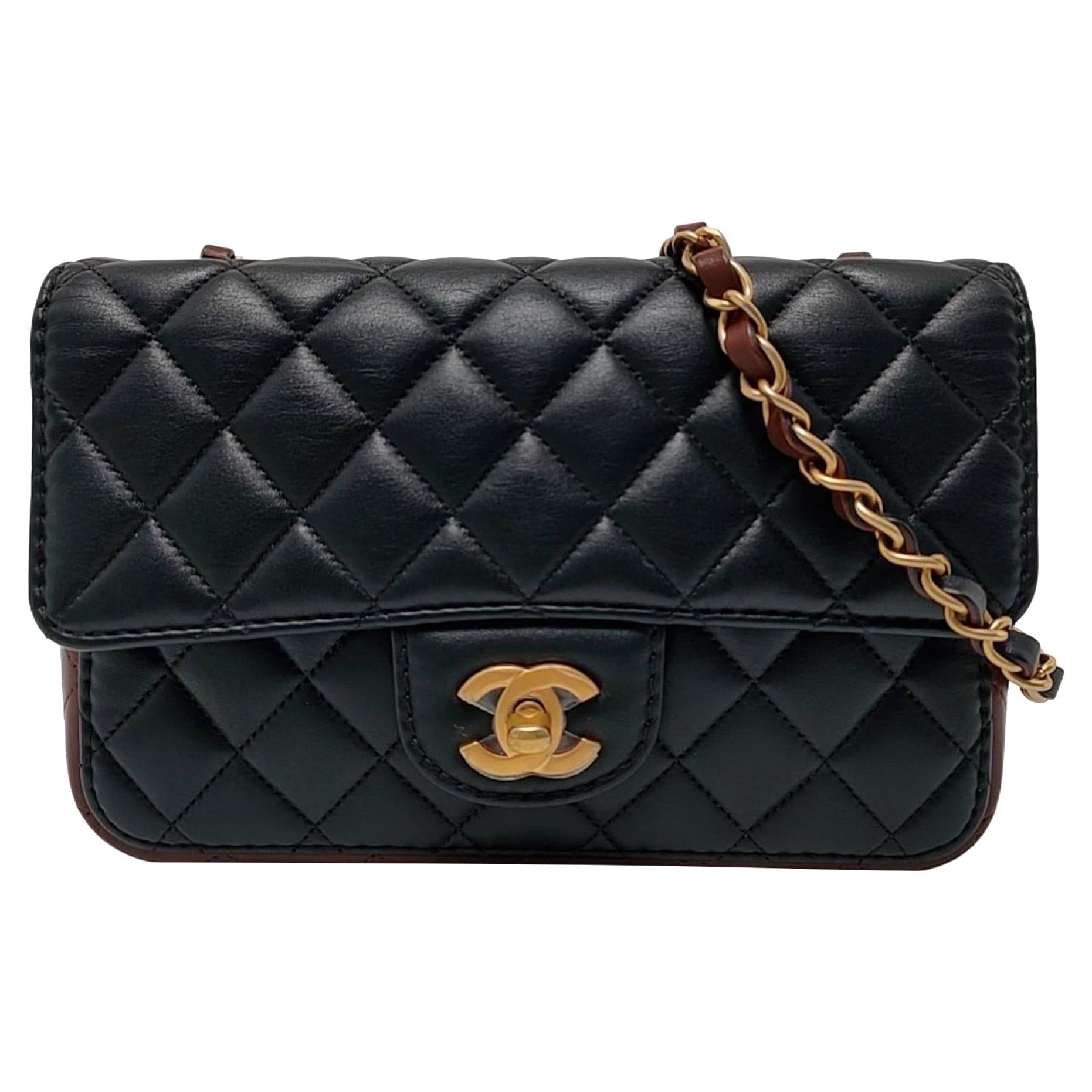 Chanel Classic Flap Rectangular Mini Negro y Borgoña Piel de cordero Oro Ha en venta