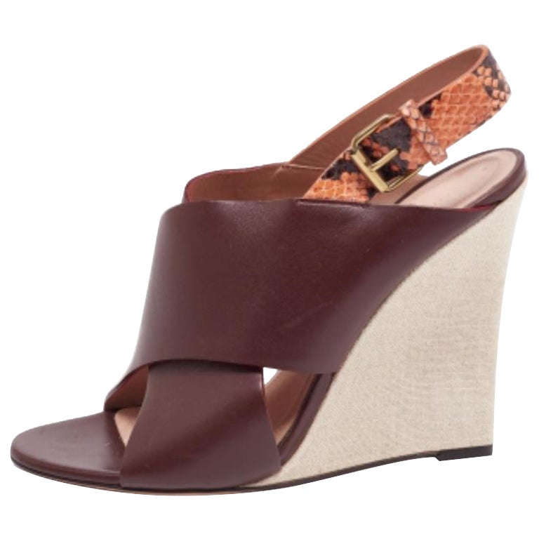 Celine Snakeskin & Leather Cross Strap Open Toe Slingback Wedge Sandals Size 39