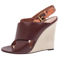 Celine Snakeskin & Leather Cross Strap Open Toe Slingback Wedge Sandals Size 39