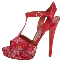 Missoni Red/White Knit Fabric Leather T-Bar Platform Ankle-Strap Sandals Size 36