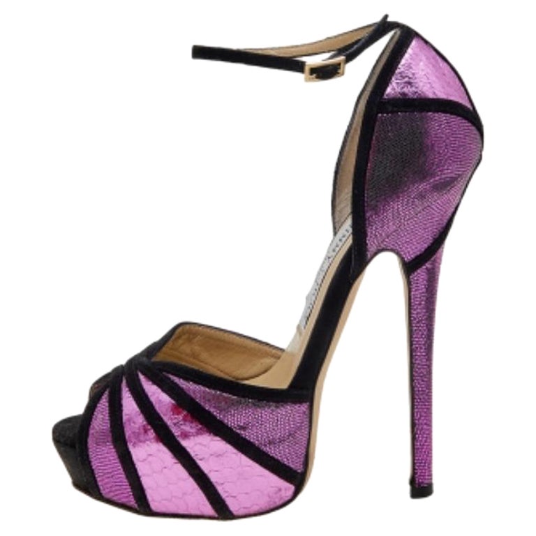 Jimmy Choo Python Embossed Leather & Suede Platform Ankle Strap Sandals Size 36 For Sale