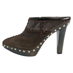 Sergio Rossi Lizard Embossed Leather & Suede Studded Platform Mules Size 38