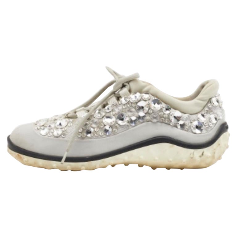 Miu Miu Grey Satin & Stretch Fabric Astro Crystal Low Top Sneakers Size 36 en vente