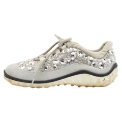 Miu Miu Grey Satin & Stretch Fabric Astro Crystal Low Top Sneakers Size 36