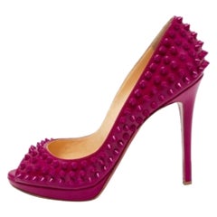 Christian Louboutin Pink Patent Leather Yolanda Spiked Peep-Toe Pumps Size 38.5