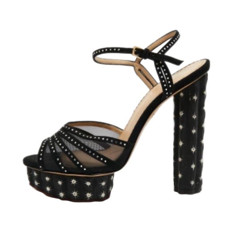 Charlotte Olympia Suede Crystal Studded Ankle Strap Platform Sandals Size 40 For Sale