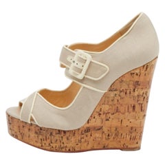 Christian Louboutin Canvas & Leather Cork Melides Wedge Peep Toe Pumps Size 39