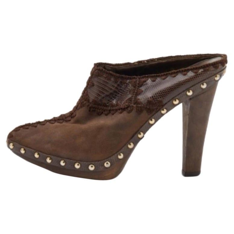Sergio Rossi Lizard Embossed Leather & Suede Studded Platform Mules Size 37.5 For Sale