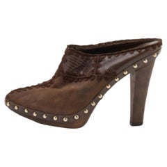 Sergio Rossi Lizard Embossed Leather & Suede Studded Platform Mules Size 37.5