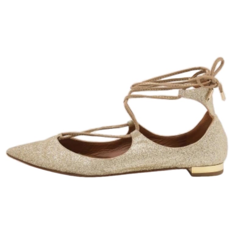Aquazzura Gold Glitter Christy Lace Up Pointed Toe Ballet Flats Size 35.5 For Sale