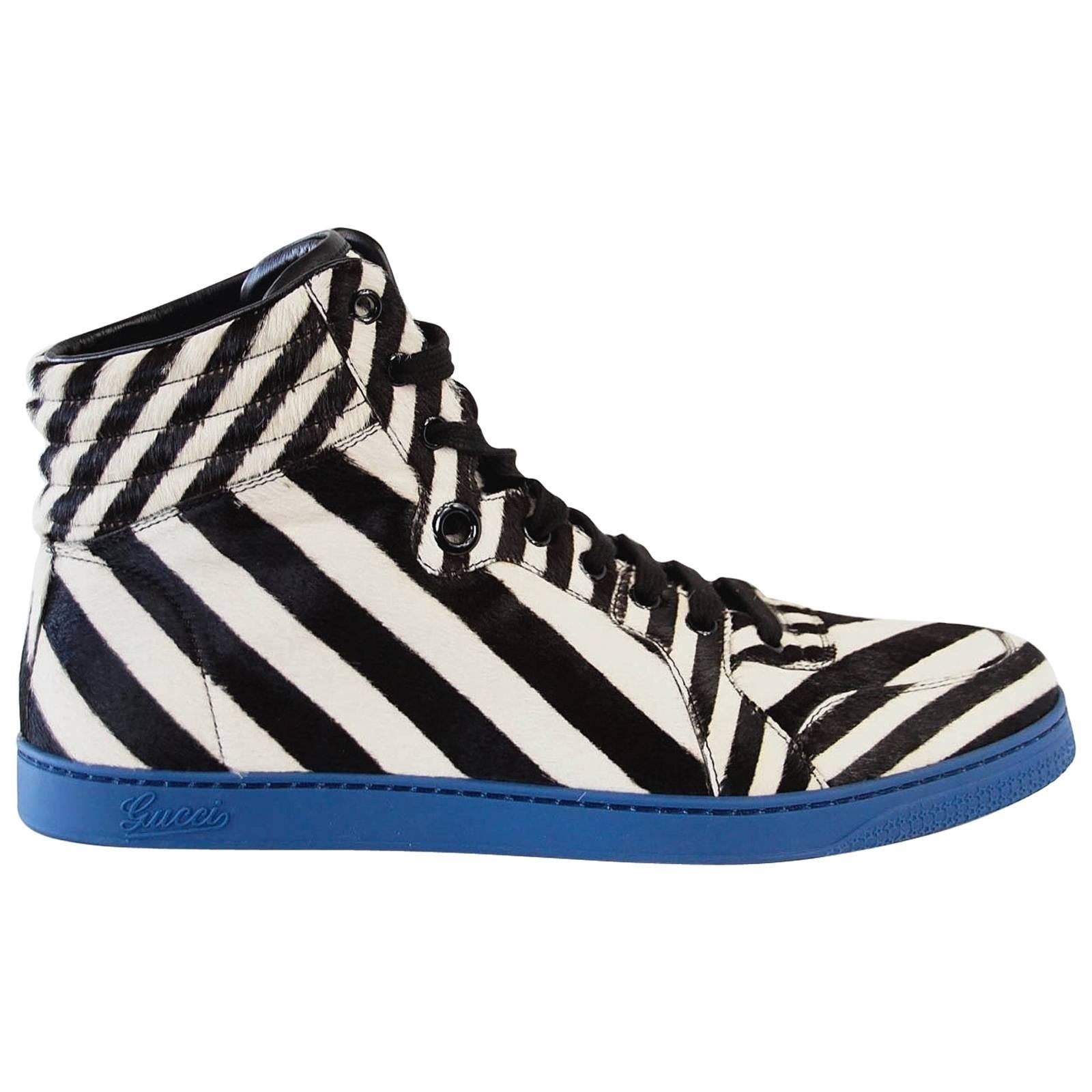 Gucci Men's Shoe Pony Stripe Black / White  Blue Sole High Top Sneaker  9.5 G