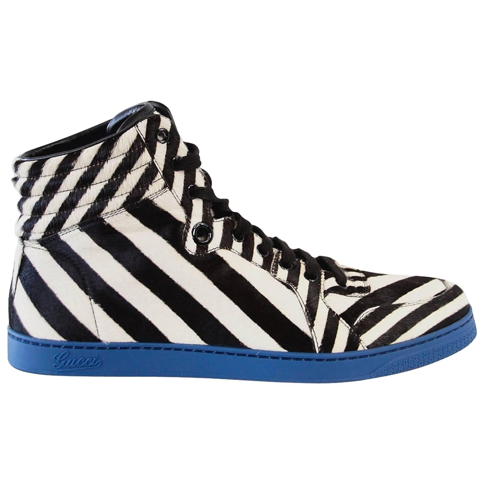  Gucci Men's Shoe Pony Stripe Black / White  Blue Sole High Top Sneaker  9.5 G  