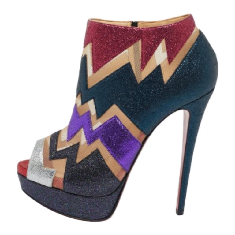 Christian Louboutin Glitter & Mesh Ziggy Peep-Toe Ankle Booties Size 38