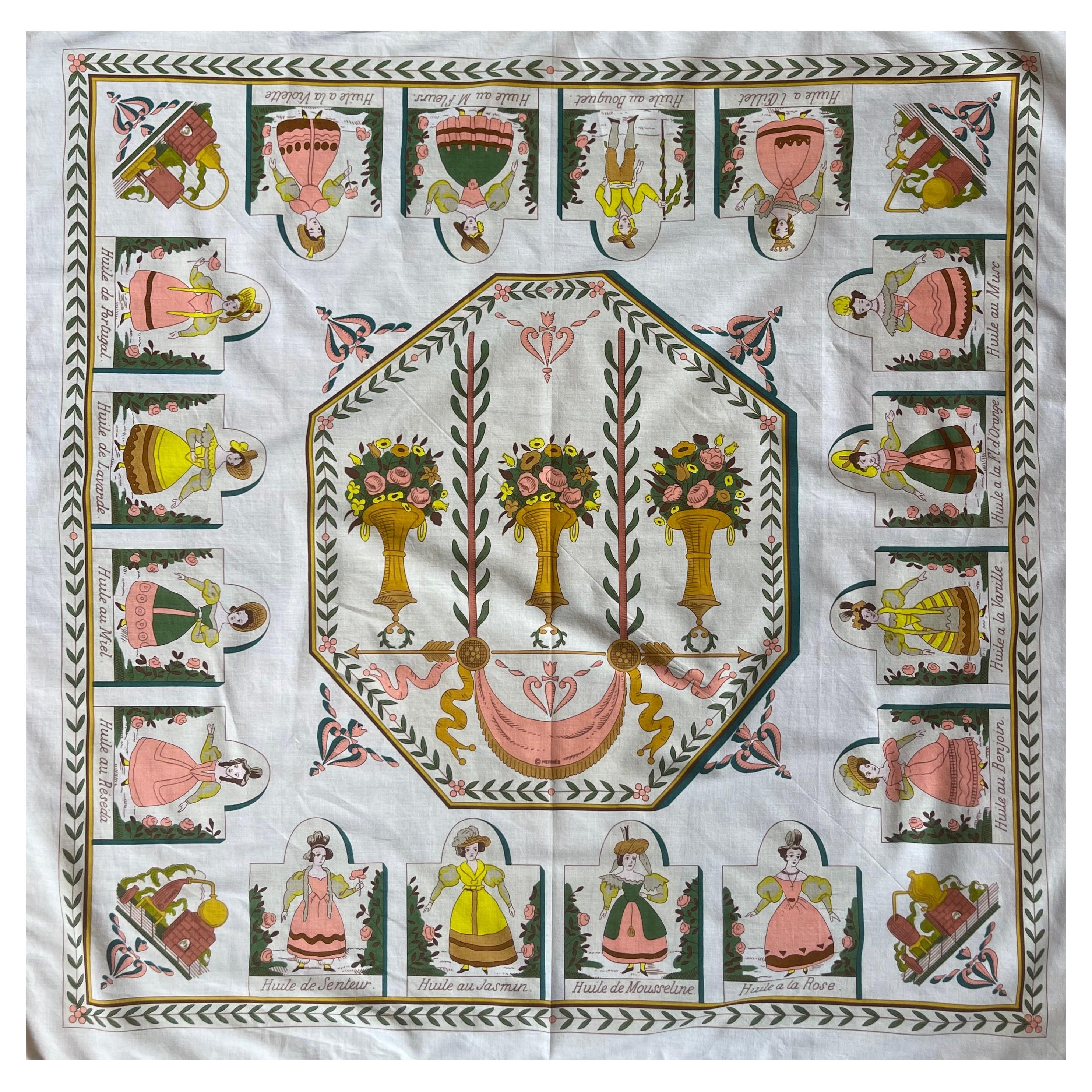 Hermès Baumwollschal "Huile Rafraichissante À L'Usage" 1983 im Angebot