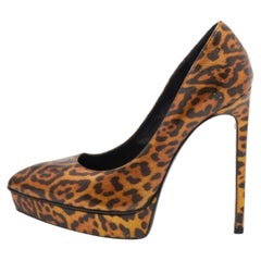 Saint Laurent Leopard Print Leather Janis Pointed Toe Platform Pumps Size 38