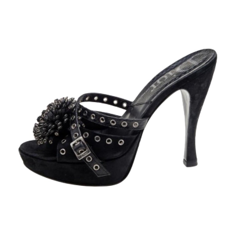Dior Black Perforated Suede & Python Embellished Platform Slide Sandals Size 37 For Sale