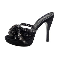 Dior Black Perforated Suede & Python Embellished Platform Slide Sandals Size 37