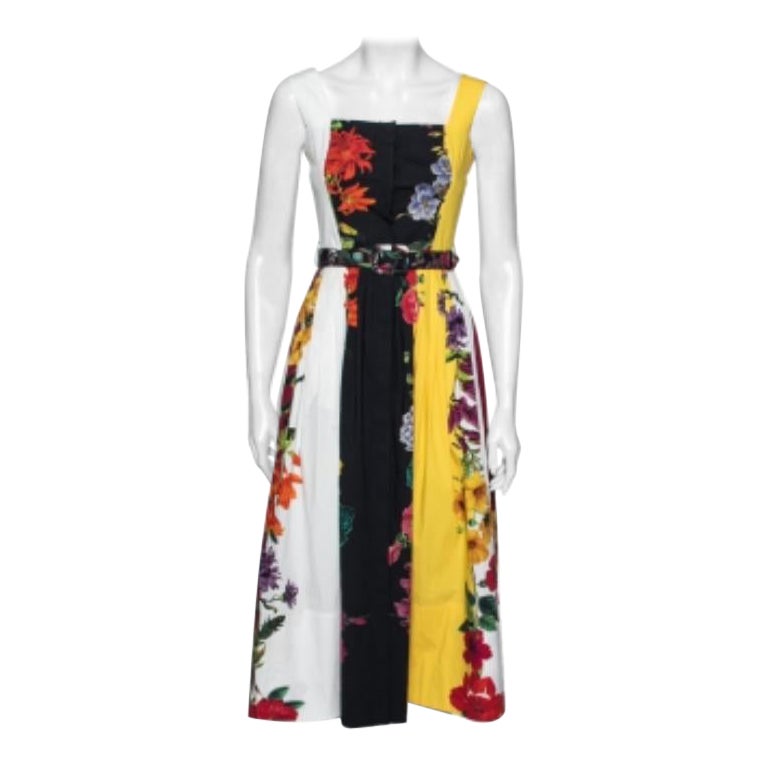 Oscar de la Renta Floral Cotton Pleated & Button Front Belted Midi Dress XS For Sale